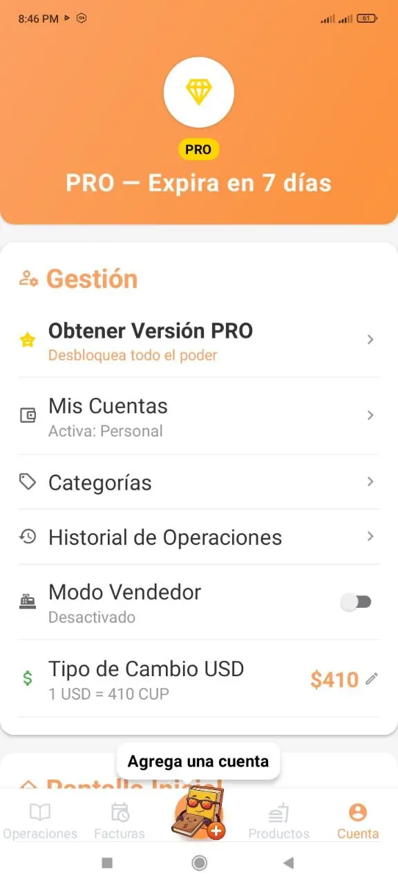 Sección Cuenta con la opción Categorías