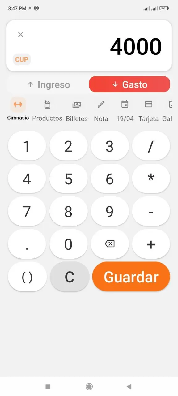 Operación con categoría seleccionada
