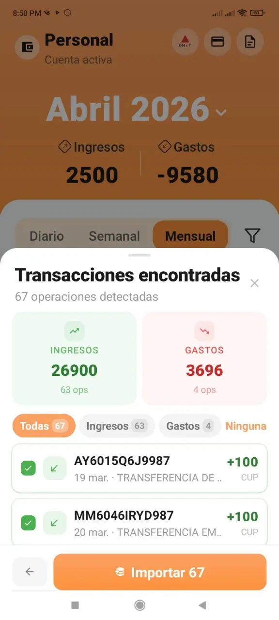 Transacciones detectadas para importar