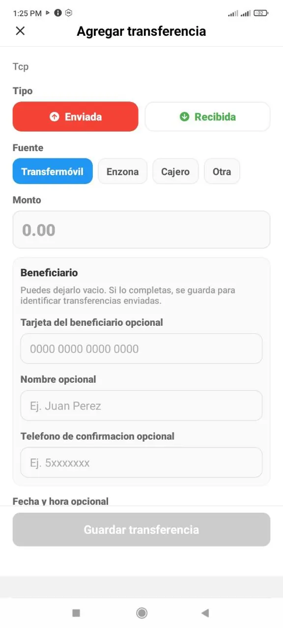 Formulario para crear una transferencia manual