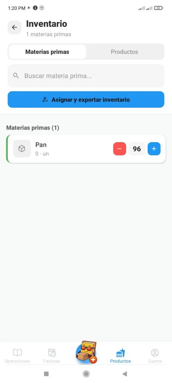 Inventario con materias primas disponibles