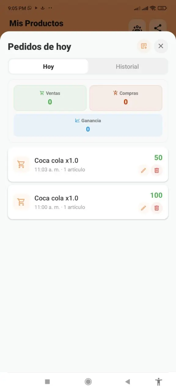 Pedidos de hoy con ventas y ganancias