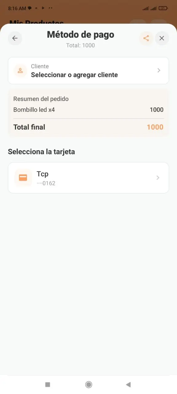 Tarjeta seleccionada para pago