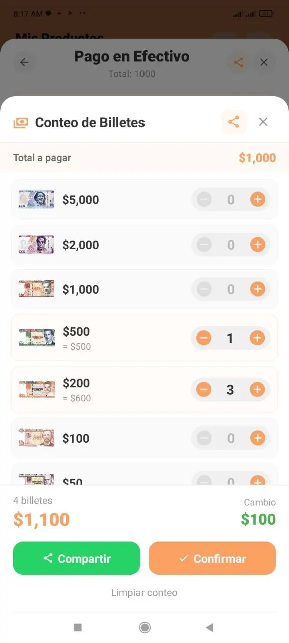 Conteo de billetes para pago en efectivo