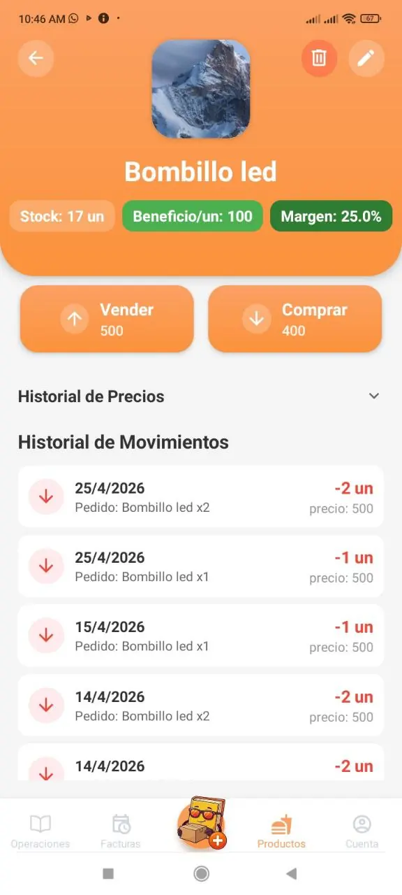 Detalle del producto con acciones e historial