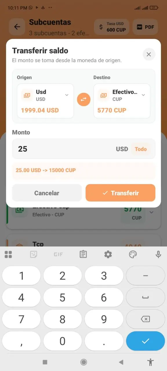 Transferencia entre subcuentas con tipo de cambio